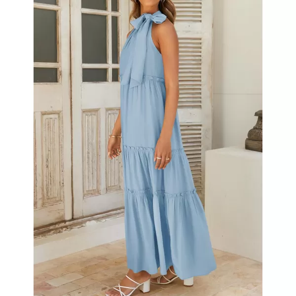 imageZESICA Womens Summer Boho Halter Maxi Dresses 2024 Casual Sleeveless Pleated Tiered Flowy Beach Vacation Long DressBlue