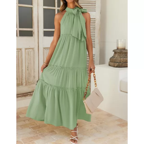 imageZESICA Womens Summer Boho Halter Maxi Dresses 2024 Casual Sleeveless Pleated Tiered Flowy Beach Vacation Long DressGreen