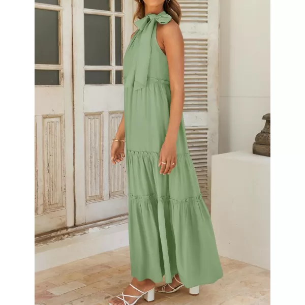 imageZESICA Womens Summer Boho Halter Maxi Dresses 2024 Casual Sleeveless Pleated Tiered Flowy Beach Vacation Long DressGreen