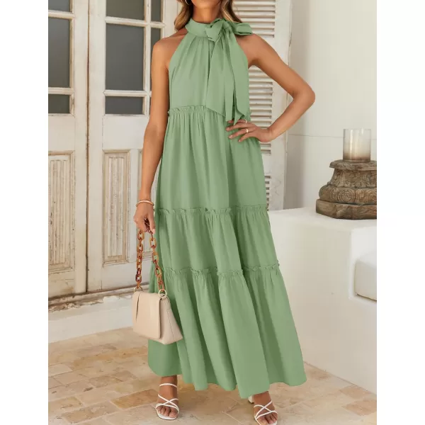 imageZESICA Womens Summer Boho Halter Maxi Dresses 2024 Casual Sleeveless Pleated Tiered Flowy Beach Vacation Long DressGreen