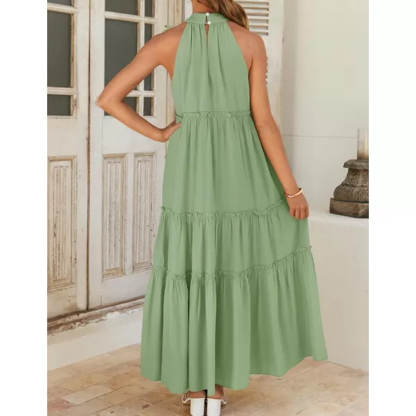 imageZESICA Womens Summer Boho Halter Maxi Dresses 2024 Casual Sleeveless Pleated Tiered Flowy Beach Vacation Long DressGreen
