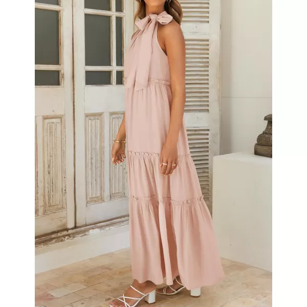 imageZESICA Womens Summer Boho Halter Maxi Dresses 2024 Casual Sleeveless Pleated Tiered Flowy Beach Vacation Long DressPink