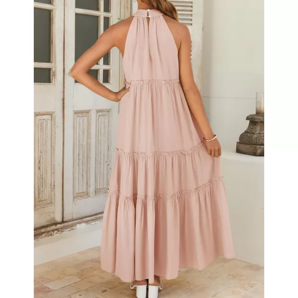 imageZESICA Womens Summer Boho Halter Maxi Dresses 2024 Casual Sleeveless Pleated Tiered Flowy Beach Vacation Long DressPink