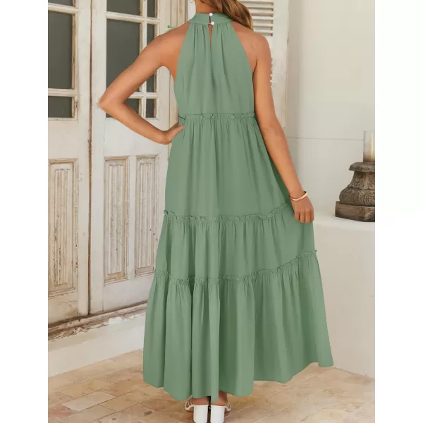 imageZESICA Womens Summer Boho Halter Maxi Dresses 2024 Casual Sleeveless Pleated Tiered Flowy Beach Vacation Long DressSage