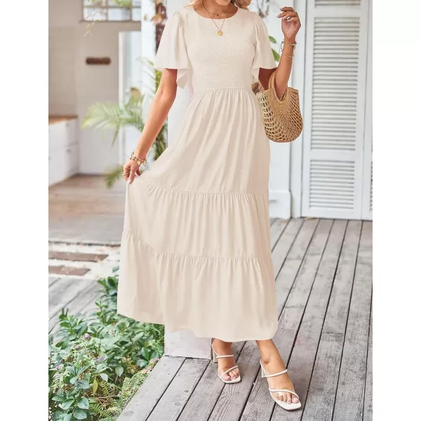imageZESICA Womens Summer Casual Flutter Short Sleeve Crew Neck Solid Color Smocked Tiered A Line Flowy Beach Midi DressApricot