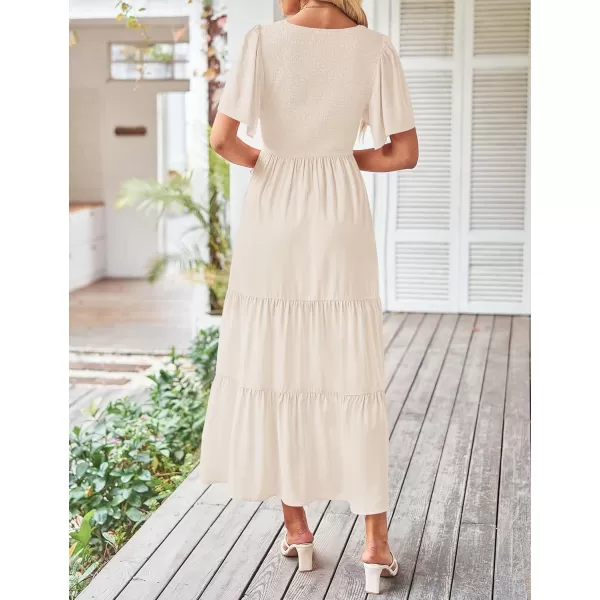 imageZESICA Womens Summer Casual Flutter Short Sleeve Crew Neck Solid Color Smocked Tiered A Line Flowy Beach Midi DressApricot