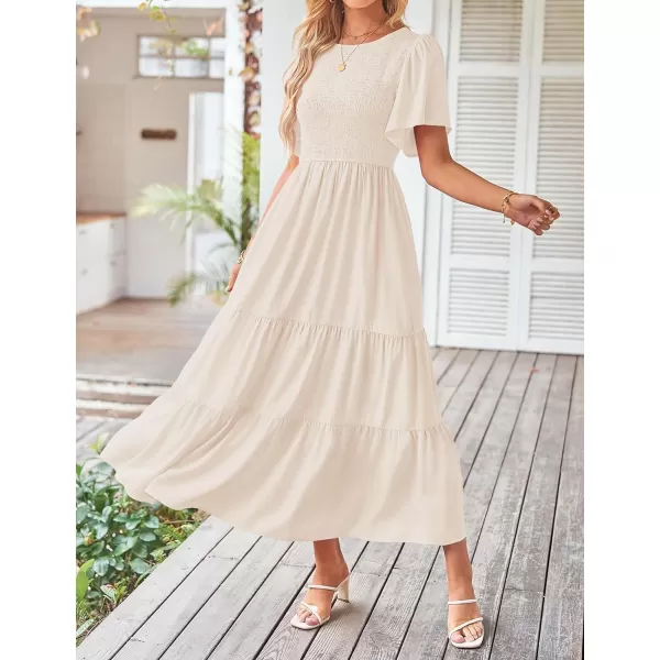 imageZESICA Womens Summer Casual Flutter Short Sleeve Crew Neck Solid Color Smocked Tiered A Line Flowy Beach Midi DressApricot