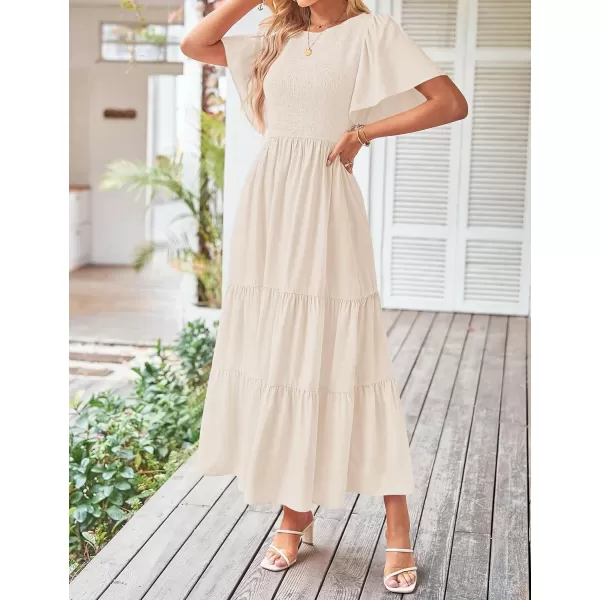 imageZESICA Womens Summer Casual Flutter Short Sleeve Crew Neck Solid Color Smocked Tiered A Line Flowy Beach Midi DressApricot