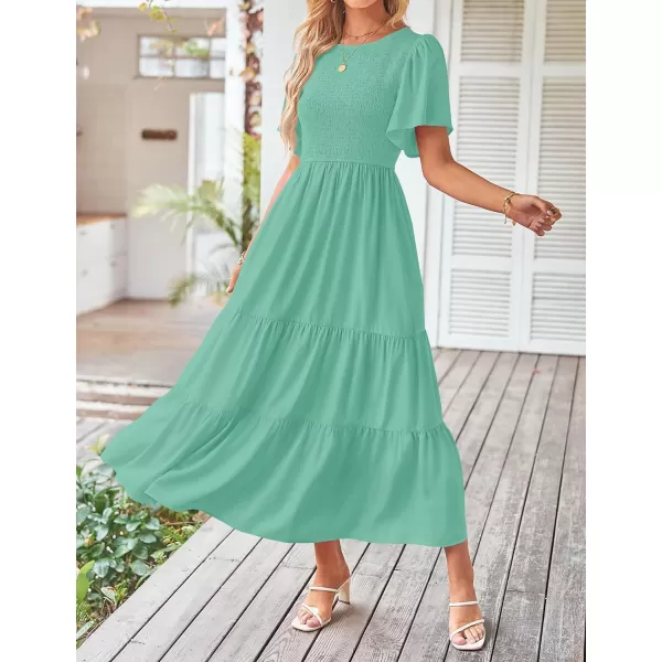 imageZESICA Womens Summer Casual Flutter Short Sleeve Crew Neck Solid Color Smocked Tiered A Line Flowy Beach Midi DressAqua