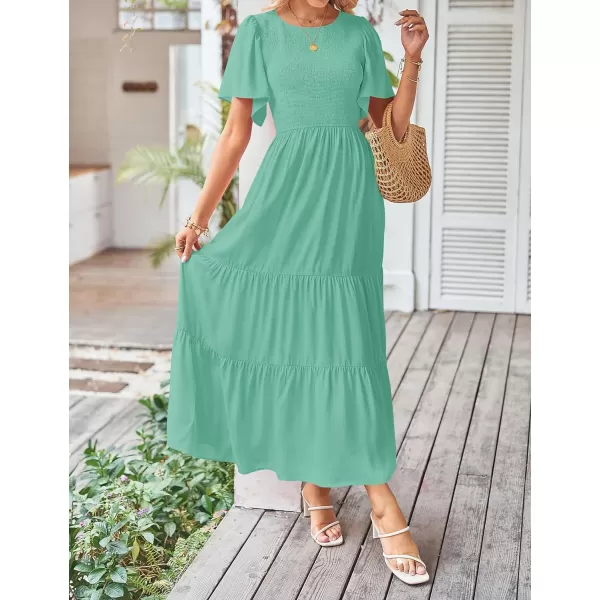 imageZESICA Womens Summer Casual Flutter Short Sleeve Crew Neck Solid Color Smocked Tiered A Line Flowy Beach Midi DressAqua