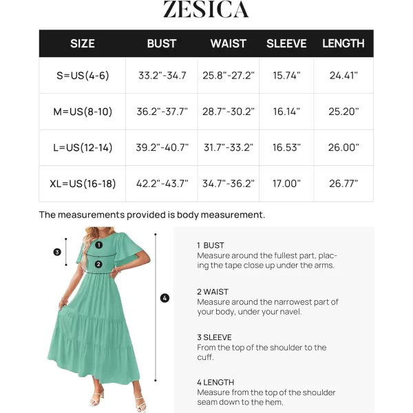 imageZESICA Womens Summer Casual Flutter Short Sleeve Crew Neck Solid Color Smocked Tiered A Line Flowy Beach Midi DressAqua