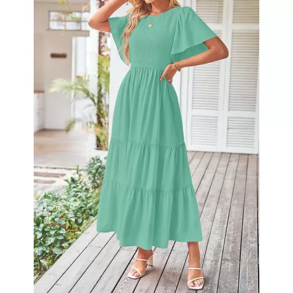imageZESICA Womens Summer Casual Flutter Short Sleeve Crew Neck Solid Color Smocked Tiered A Line Flowy Beach Midi DressAqua