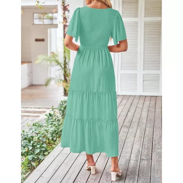 imageZESICA Womens Summer Casual Flutter Short Sleeve Crew Neck Solid Color Smocked Tiered A Line Flowy Beach Midi DressAqua