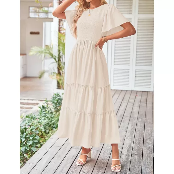 imageZESICA Womens Summer Casual Flutter Short Sleeve Crew Neck Solid Color Smocked Tiered A Line Flowy Beach Midi DressBeige