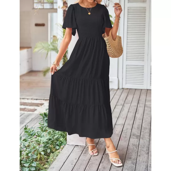 imageZESICA Womens Summer Casual Flutter Short Sleeve Crew Neck Solid Color Smocked Tiered A Line Flowy Beach Midi DressBlack