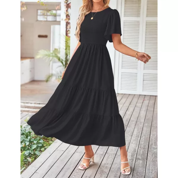 imageZESICA Womens Summer Casual Flutter Short Sleeve Crew Neck Solid Color Smocked Tiered A Line Flowy Beach Midi DressBlack