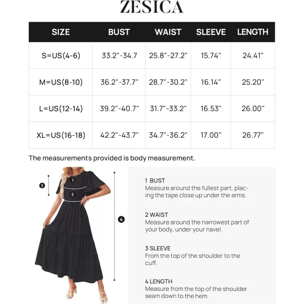 imageZESICA Womens Summer Casual Flutter Short Sleeve Crew Neck Solid Color Smocked Tiered A Line Flowy Beach Midi DressBlack