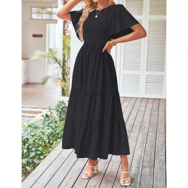 imageZESICA Womens Summer Casual Flutter Short Sleeve Crew Neck Solid Color Smocked Tiered A Line Flowy Beach Midi DressBlack