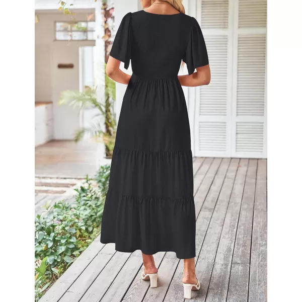 imageZESICA Womens Summer Casual Flutter Short Sleeve Crew Neck Solid Color Smocked Tiered A Line Flowy Beach Midi DressBlack