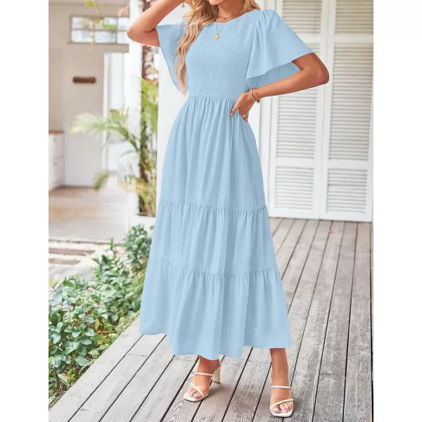 imageZESICA Womens Summer Casual Flutter Short Sleeve Crew Neck Solid Color Smocked Tiered A Line Flowy Beach Midi DressBlue