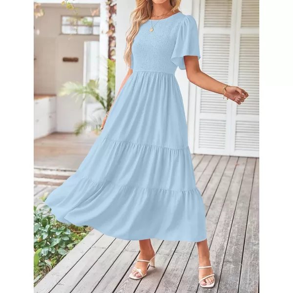 imageZESICA Womens Summer Casual Flutter Short Sleeve Crew Neck Solid Color Smocked Tiered A Line Flowy Beach Midi DressBlue