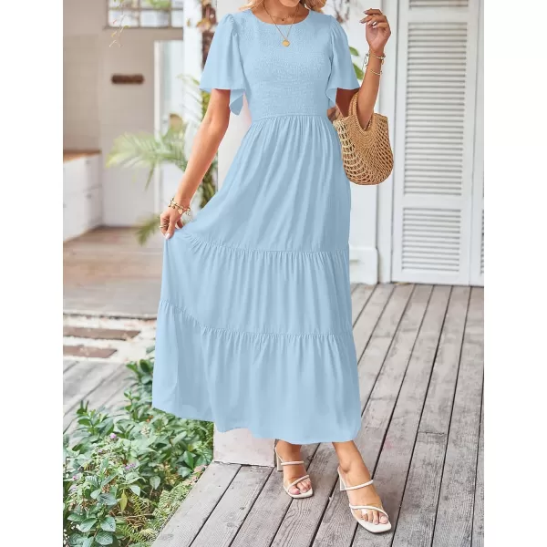 imageZESICA Womens Summer Casual Flutter Short Sleeve Crew Neck Solid Color Smocked Tiered A Line Flowy Beach Midi DressBlue