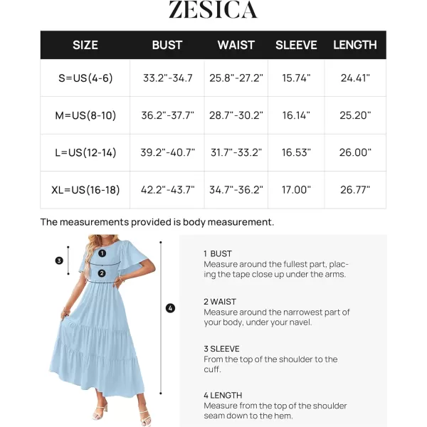 imageZESICA Womens Summer Casual Flutter Short Sleeve Crew Neck Solid Color Smocked Tiered A Line Flowy Beach Midi DressBlue