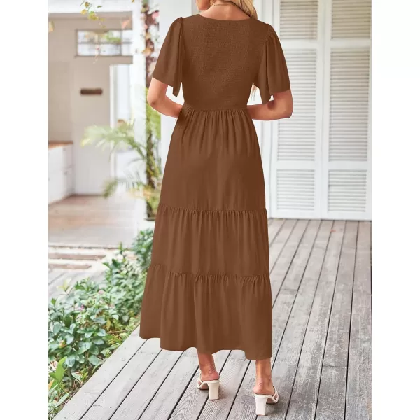 imageZESICA Womens Summer Casual Flutter Short Sleeve Crew Neck Solid Color Smocked Tiered A Line Flowy Beach Midi DressBrown