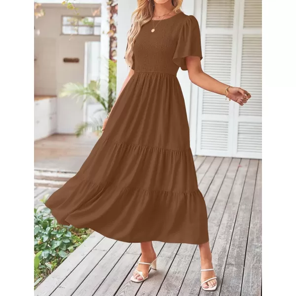imageZESICA Womens Summer Casual Flutter Short Sleeve Crew Neck Solid Color Smocked Tiered A Line Flowy Beach Midi DressBrown