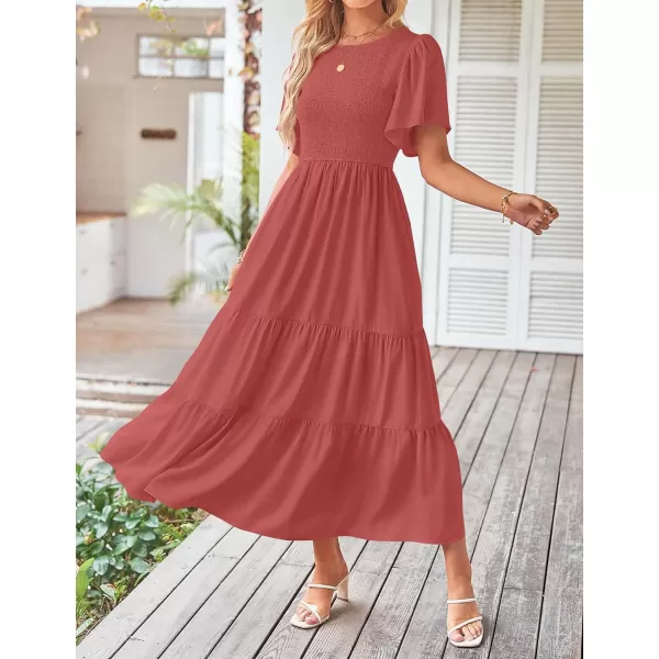 imageZESICA Womens Summer Casual Flutter Short Sleeve Crew Neck Solid Color Smocked Tiered A Line Flowy Beach Midi DressCoral