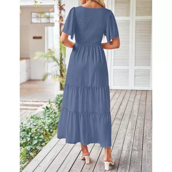 imageZESICA Womens Summer Casual Flutter Short Sleeve Crew Neck Solid Color Smocked Tiered A Line Flowy Beach Midi DressDusty Blue