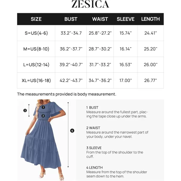 imageZESICA Womens Summer Casual Flutter Short Sleeve Crew Neck Solid Color Smocked Tiered A Line Flowy Beach Midi DressDusty Blue