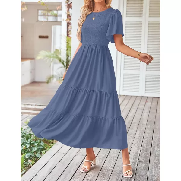 imageZESICA Womens Summer Casual Flutter Short Sleeve Crew Neck Solid Color Smocked Tiered A Line Flowy Beach Midi DressDusty Blue