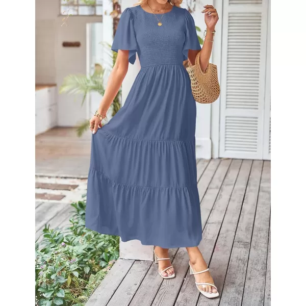 imageZESICA Womens Summer Casual Flutter Short Sleeve Crew Neck Solid Color Smocked Tiered A Line Flowy Beach Midi DressDusty Blue
