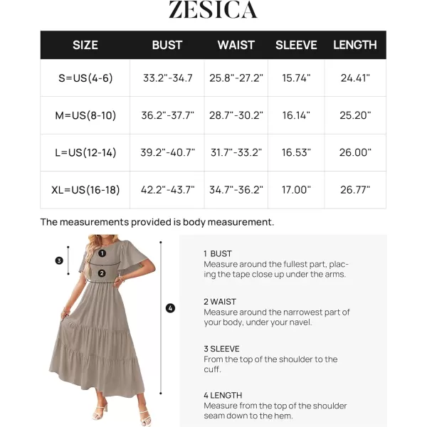 imageZESICA Womens Summer Casual Flutter Short Sleeve Crew Neck Solid Color Smocked Tiered A Line Flowy Beach Midi DressKhaki
