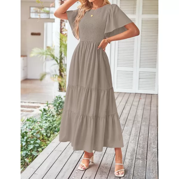 imageZESICA Womens Summer Casual Flutter Short Sleeve Crew Neck Solid Color Smocked Tiered A Line Flowy Beach Midi DressKhaki