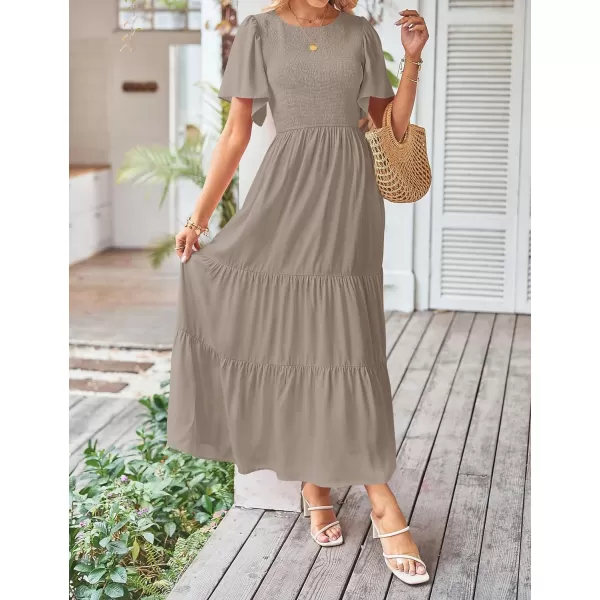 imageZESICA Womens Summer Casual Flutter Short Sleeve Crew Neck Solid Color Smocked Tiered A Line Flowy Beach Midi DressKhaki
