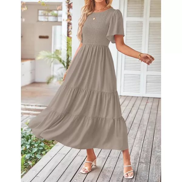 imageZESICA Womens Summer Casual Flutter Short Sleeve Crew Neck Solid Color Smocked Tiered A Line Flowy Beach Midi DressKhaki