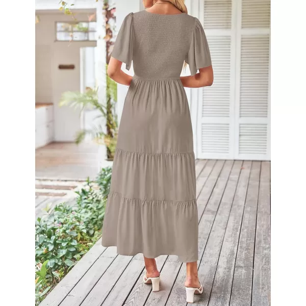 imageZESICA Womens Summer Casual Flutter Short Sleeve Crew Neck Solid Color Smocked Tiered A Line Flowy Beach Midi DressKhaki