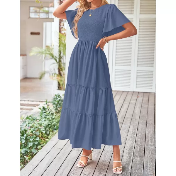 imageZESICA Womens Summer Casual Flutter Short Sleeve Crew Neck Solid Color Smocked Tiered A Line Flowy Beach Midi DressNavy