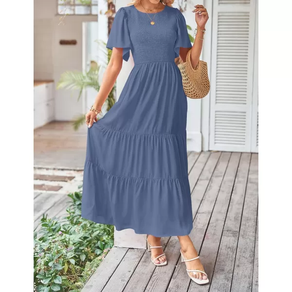 imageZESICA Womens Summer Casual Flutter Short Sleeve Crew Neck Solid Color Smocked Tiered A Line Flowy Beach Midi DressNavy