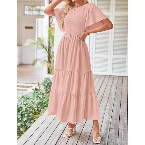 imageZESICA Womens Summer Casual Flutter Short Sleeve Crew Neck Solid Color Smocked Tiered A Line Flowy Beach Midi DressPink