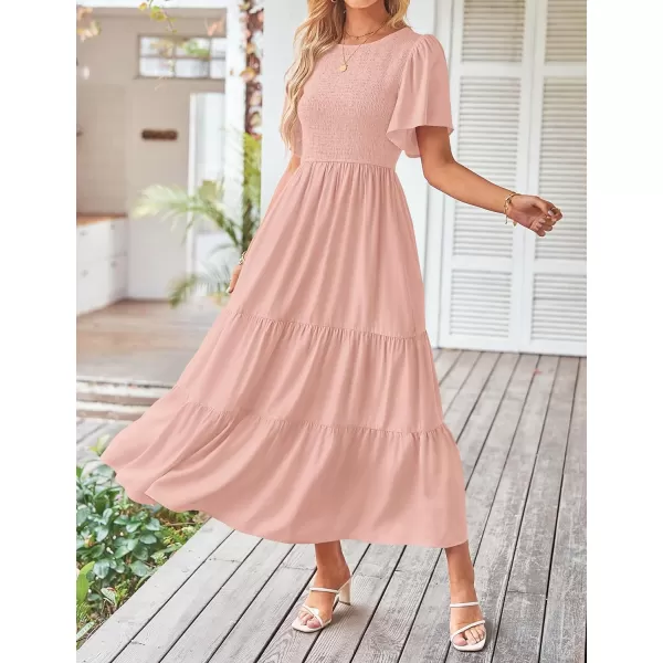 imageZESICA Womens Summer Casual Flutter Short Sleeve Crew Neck Solid Color Smocked Tiered A Line Flowy Beach Midi DressPink