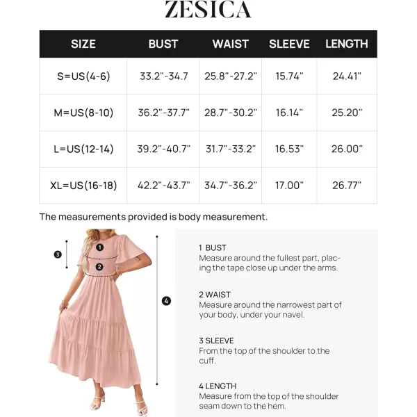 imageZESICA Womens Summer Casual Flutter Short Sleeve Crew Neck Solid Color Smocked Tiered A Line Flowy Beach Midi DressPink