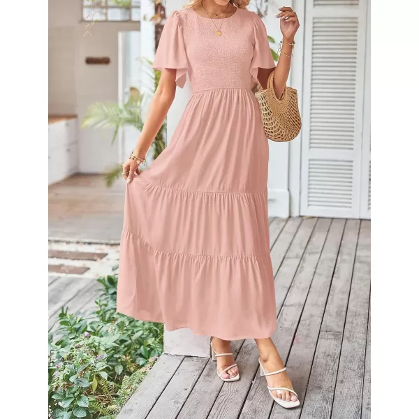imageZESICA Womens Summer Casual Flutter Short Sleeve Crew Neck Solid Color Smocked Tiered A Line Flowy Beach Midi DressPink