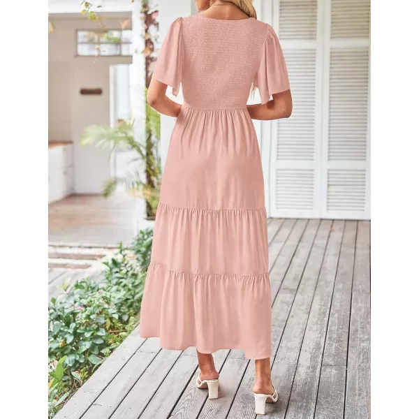 imageZESICA Womens Summer Casual Flutter Short Sleeve Crew Neck Solid Color Smocked Tiered A Line Flowy Beach Midi DressPink