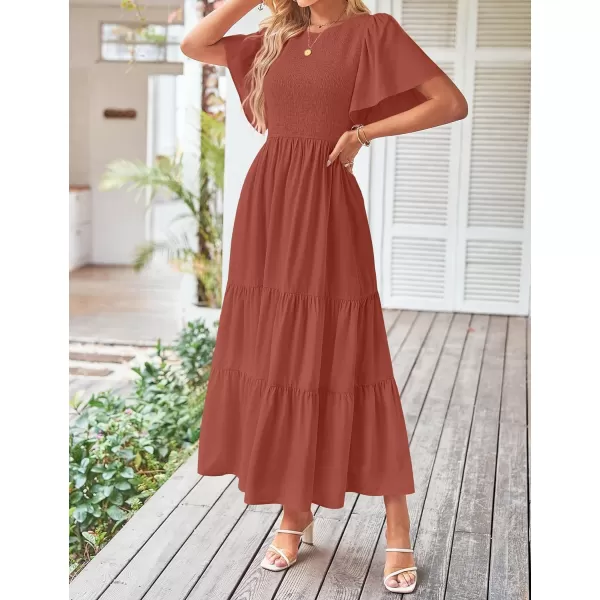 imageZESICA Womens Summer Casual Flutter Short Sleeve Crew Neck Solid Color Smocked Tiered A Line Flowy Beach Midi DressRust