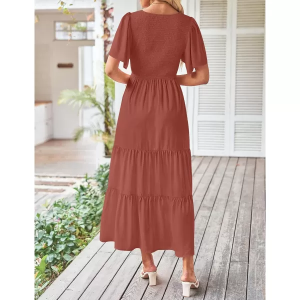 imageZESICA Womens Summer Casual Flutter Short Sleeve Crew Neck Solid Color Smocked Tiered A Line Flowy Beach Midi DressRust