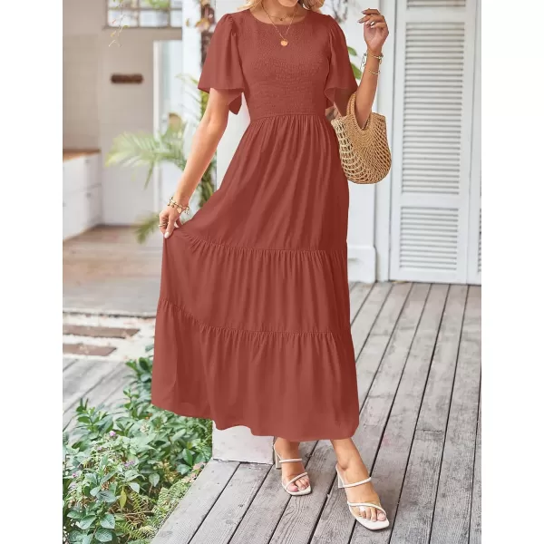 imageZESICA Womens Summer Casual Flutter Short Sleeve Crew Neck Solid Color Smocked Tiered A Line Flowy Beach Midi DressRust