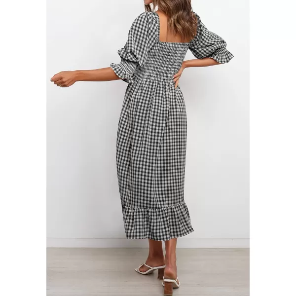 imageZESICA Womens Summer Casual Plaid Square Neck Puff 34 Sleeve Backless Smocked Ruffle Swing Midi DressBlack